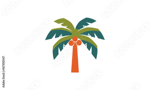 Stylized flat graphic illustration of a tropical palm tree with green fronds and orange coconuts.