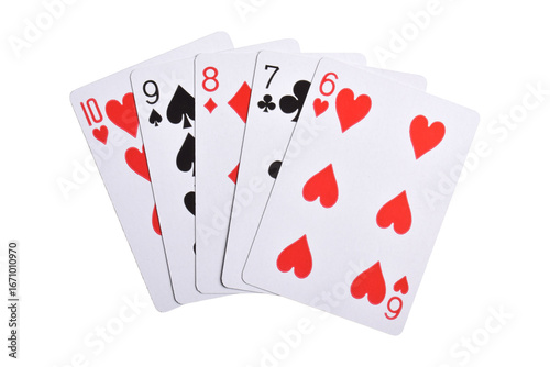 Hand of playing cards isolated on white background, top view. Poker game