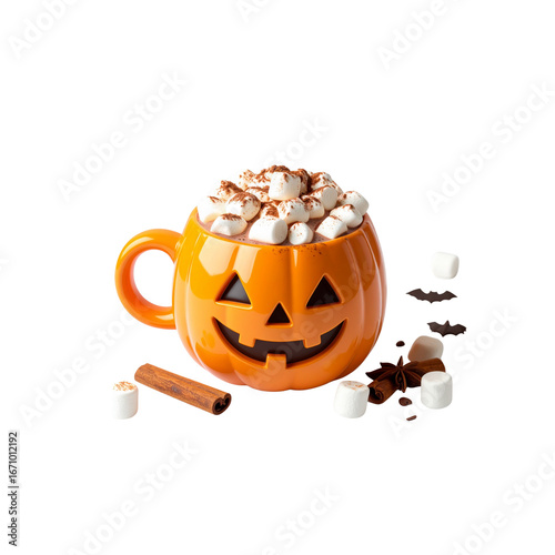 3D pumpkin face-shaped mug filled with hot chocolate and marshmallows,  Halloween themed, white background
