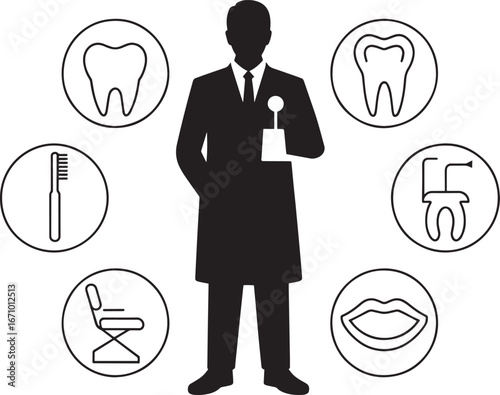 Dentist Silhouette with Dental Care Icons on Transparent Background for Healthcare