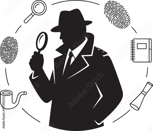 Detective Silhouette with Investigation Icons on Transparent Background for Security