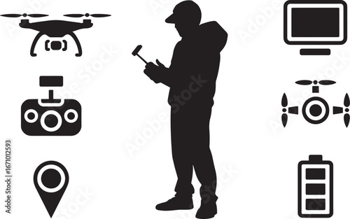 Drone Operator Silhouette with Remote Control, Monitor, Battery, and Location Icons
