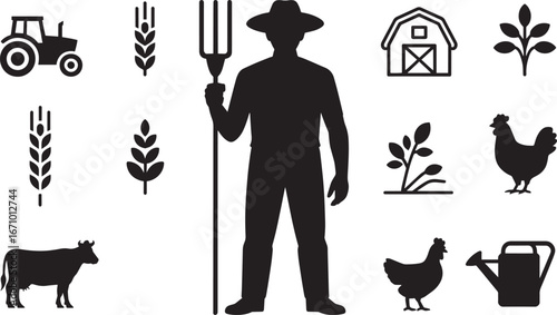Farmer Silhouette with Pitchfork, Wheat, Tractor, Barn, Cow, and Chicken on Transparent