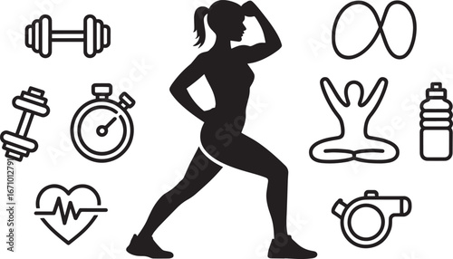 Fitness and Wellness Icons Set Featuring Woman Silhouette, Dumbbells, and Healthy Lifestyle Elements