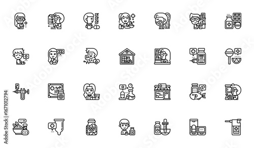 Pharmacy icon set. Vector medical icons collection. ncludes pharmacist, prescrption, apothecary, aspirin bandage, vaccine, syringe capsule, vitamins and mor.