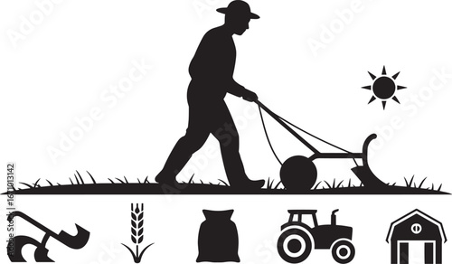 Silhouette of a Farmer Plowing Field with Agricultural Icons on Transparent Background