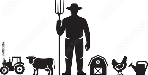 Silhouette of a Farmer with Agricultural Icons on Transparent Background Vector