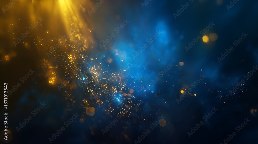 Naklejka premium Glittering golden particles swirling in dark blue atmosphere with shining light beams, magical abstract cosmic background, high-resolution luxury festive design