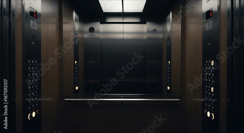 Inside a Modern, Dark Elevator Interior.