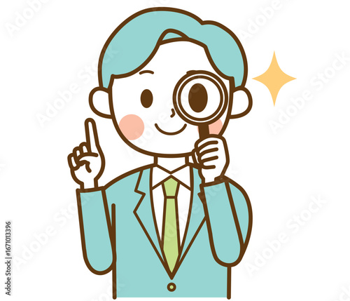 虫眼鏡でポイントをチェックするスーツを着た男性のイラスト