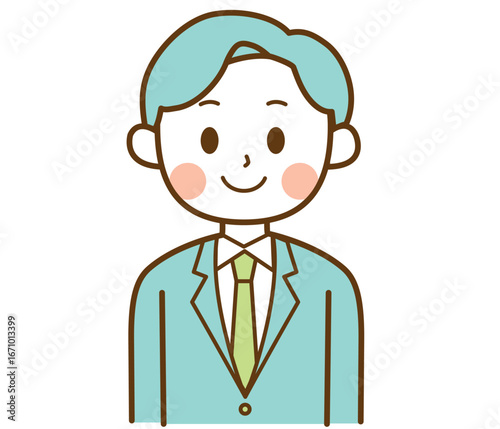 正面を向いて笑顔のスーツを着た男性のイラスト