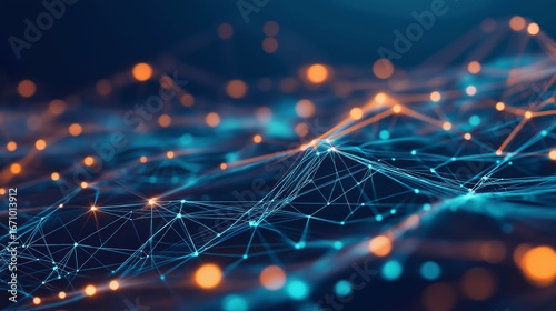 Future technology sense Internet big data background diagram -- blue and orange luminous nodes and connecting lines