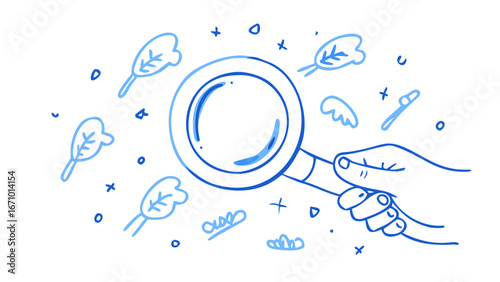 Blue hand holding magnifying glass with leaves and shapes doodle