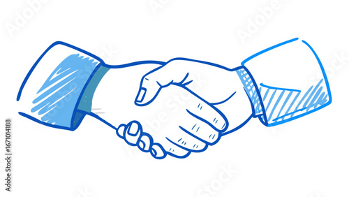 Blue handshake doodle on white background agreement business