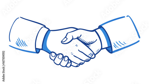 Blue handshake doodle with white background agreement business
