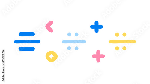 Blue yellow and pink math symbols on white background equal sign