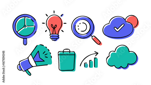 Business and office icons with hand drawn style clock