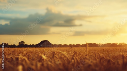 Golden wheat fields swaying in warm sunset light with rustic barn in distance, high-resolution rural landscape, serene countryside nature scene