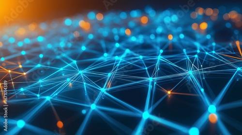 Future technology sense Internet big data background diagram -- blue and orange luminous nodes and connecting lines