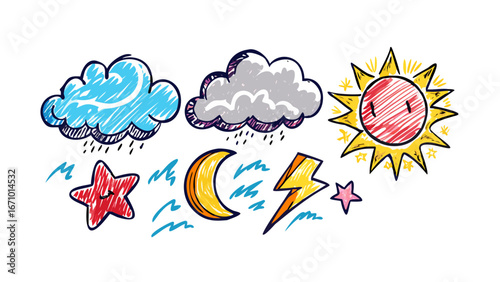 Cartoon comic style weather icons bold vibrant vector
