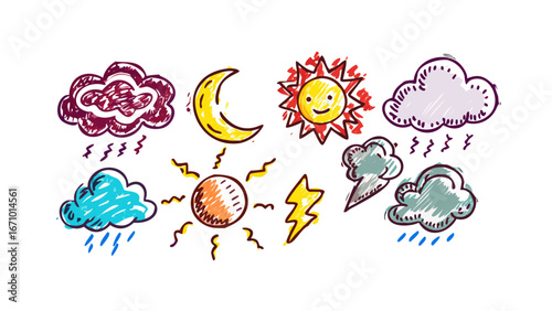 Cartoon weather icons with sun moon clouds and lightning comic style