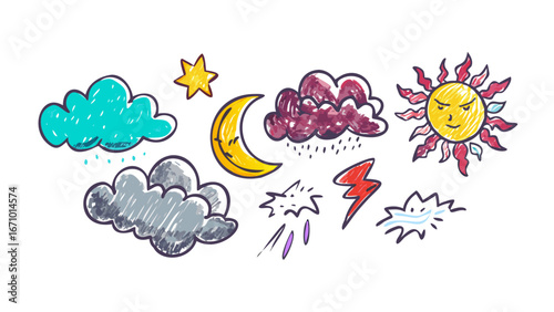 Cartoon weather icons with sun moon clouds and lightning vector