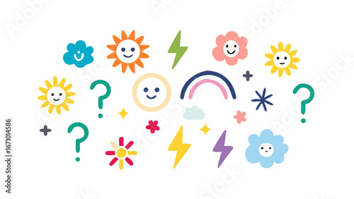Cheerful cartoon elements with flowers suns lightning bolts and question marks vector