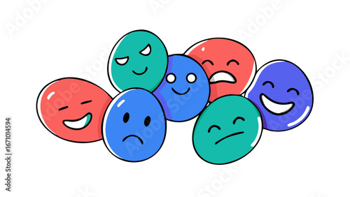 Cartoonish emoji faces with diverse expressions doodle
