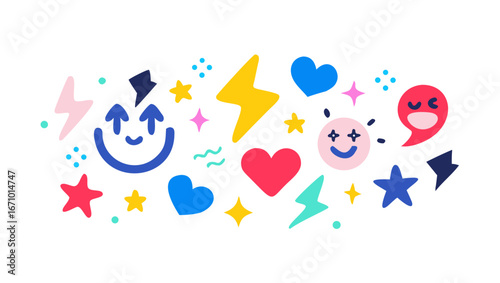 Cheerful Stars Hearts Lightning and Smiley Faces vector