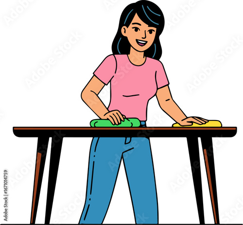 Illustration of a housewife cleaning a table surface	