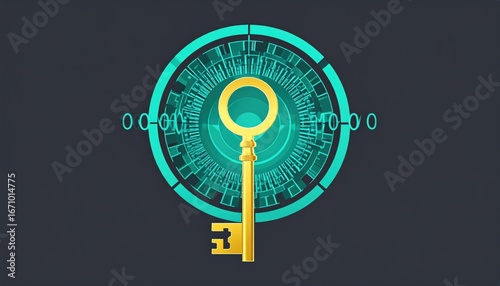 Golden key in teal digital circle