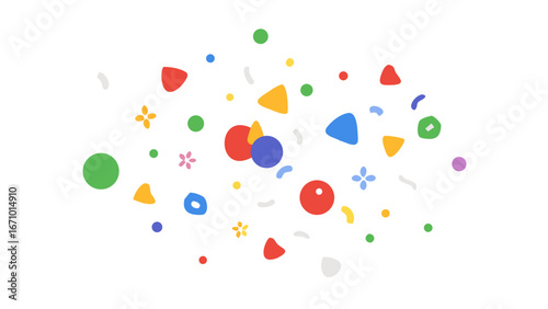 Colorful abstract shapes scattered on a white background dots