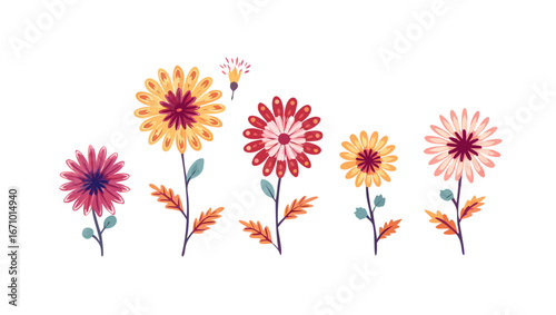 Colorful blooming flowers with detailed petals and leaves vector