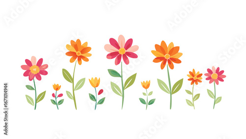 Colorful blooming flowers with green stems and leaves floral nature