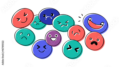 Colorful doodle faces expressing various emotions emoji cartoon