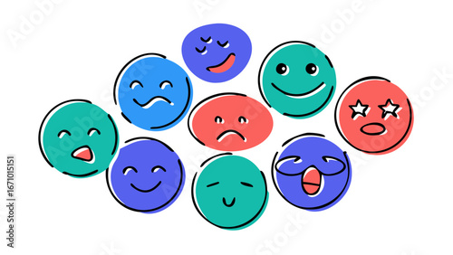 Colorful doodle faces expressing various emotions emoji sketch