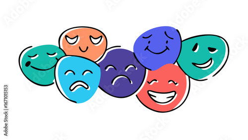 Colorful doodle faces expressing various emotions happy