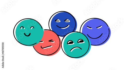 Colorful doodle faces with various expressions emoji happy