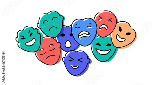 Colorful doodle faces expressing various emotions happy