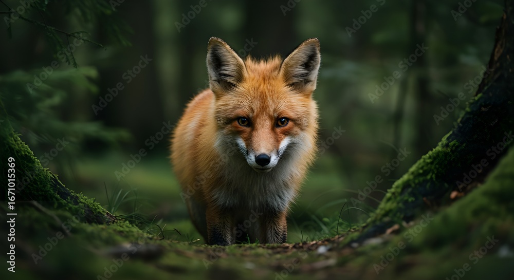 Obraz premium Wild fox staring into the camera among trees in a lush forest setting