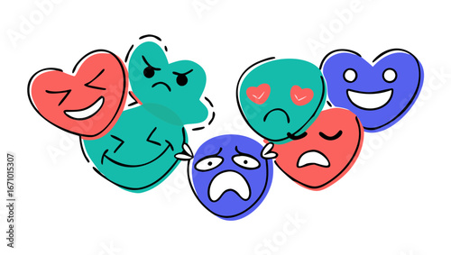 Colorful expressive heart faces with varied emotions hearts happy