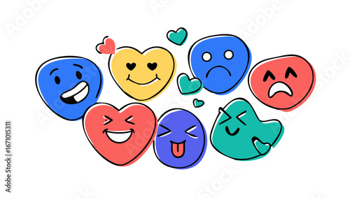 Colorful expressive doodle hearts and faces vector