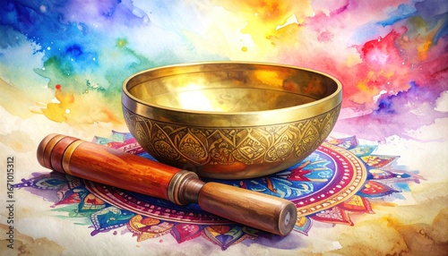 Golden singing bowl on colorful background (1)