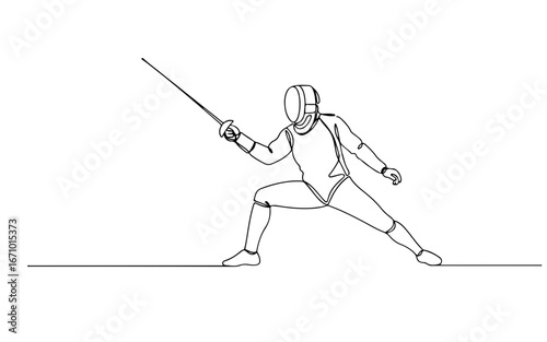 fencing player simple minimalist aesthetic one line art, isolated on white background 