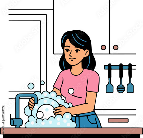 Illustration of a housewife washing dishes