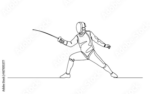 fencing player simple minimalist aesthetic one line art, isolated on white background 