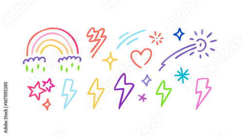 Colorful hand drawn celestial and weather icons rainbow lightning bolt