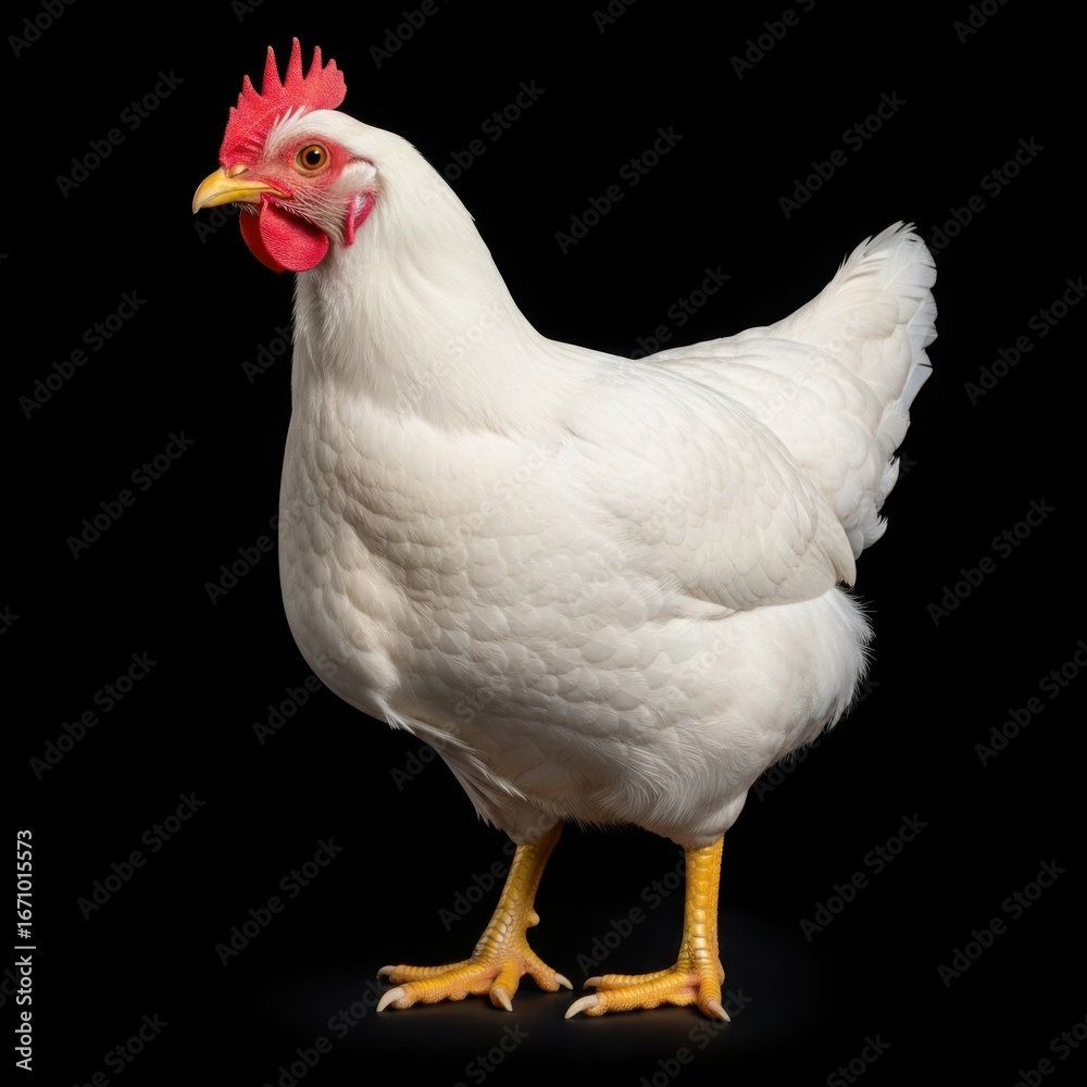 Fototapeta premium A white chicken stands proudly against a black background