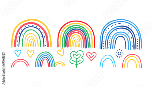 Colorful hand drawn rainbows hearts and sun doodle
