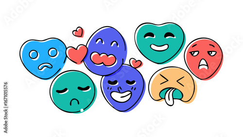 Colorful heart shaped emojis with expressive faces hearts emotions